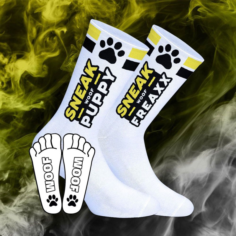 SneakFreaxx Chaussettes Woof Puppy Blanc-Jaune